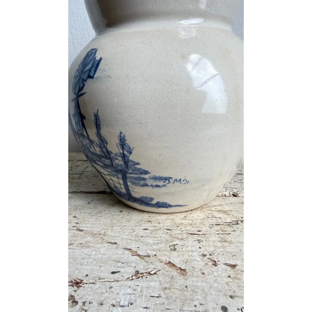Vintage P.R. Storie Pottery Marshall TX Blue Windmill Farm Scene Crock